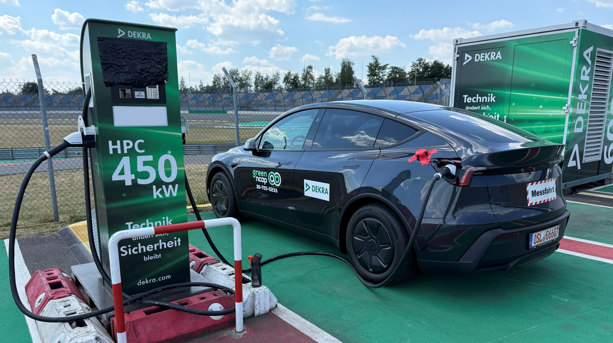 Tesla Model Y connected to a high-power charging station at Green NCAP’s test facility